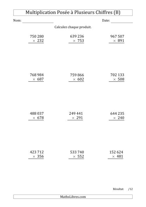 Multiplication d'un Nombre à 6 Chiffres par un Nombre à 3 Chiffres avec une Espace comme Séparateur de Milliers (B)