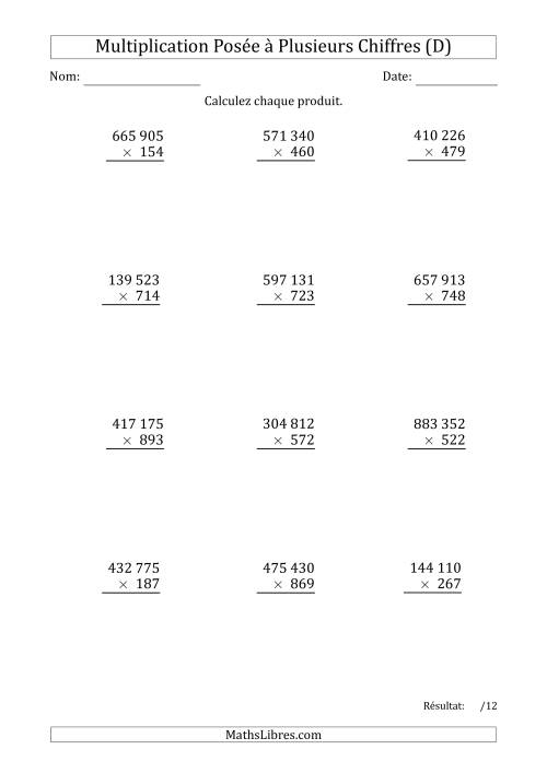 Multiplication d'un Nombre à 6 Chiffres par un Nombre à 3 Chiffres avec une Espace comme Séparateur de Milliers (D)