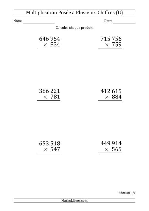 Multiplication d'un Nombre à 6 Chiffres par un Nombre à 3 Chiffres (Gros Caractère) avec une Espace comme Séparateur de Milliers (G)
