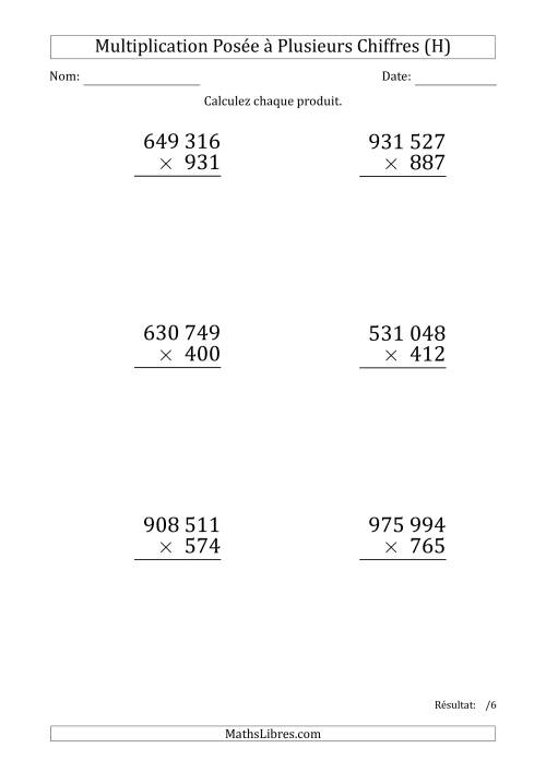 Multiplication d'un Nombre à 6 Chiffres par un Nombre à 3 Chiffres (Gros Caractère) avec une Espace comme Séparateur de Milliers (H)