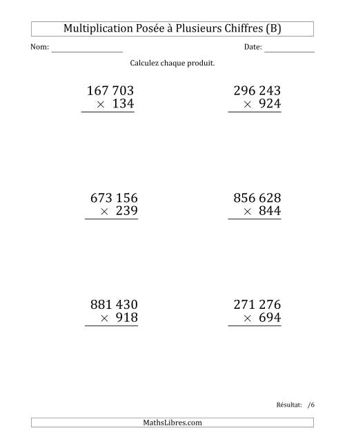 Multiplication d'un Nombre à 6 Chiffres par un Nombre à 3 Chiffres (Gros Caractère) avec une Espace comme Séparateur de Milliers (B)