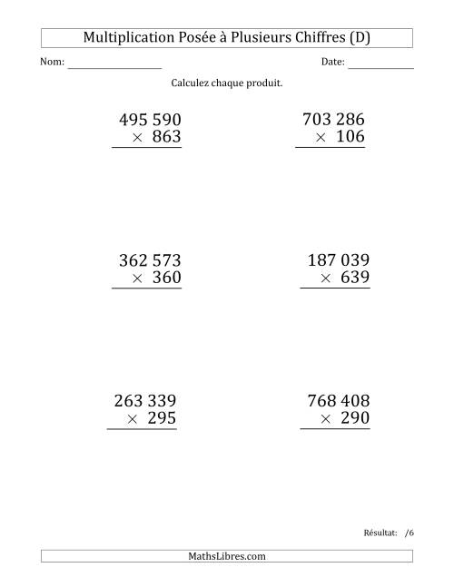 Multiplication d'un Nombre à 6 Chiffres par un Nombre à 3 Chiffres (Gros Caractère) avec une Espace comme Séparateur de Milliers (D)