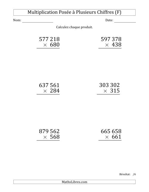 Multiplication d'un Nombre à 6 Chiffres par un Nombre à 3 Chiffres (Gros Caractère) avec une Espace comme Séparateur de Milliers (F)