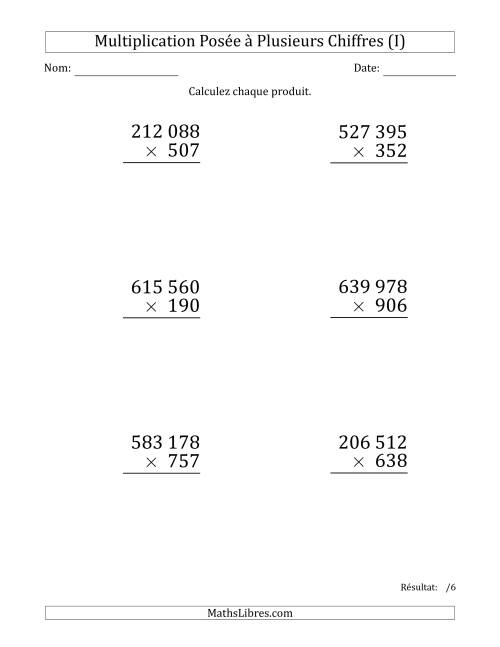 Multiplication d'un Nombre à 6 Chiffres par un Nombre à 3 Chiffres (Gros Caractère) avec une Espace comme Séparateur de Milliers (I)