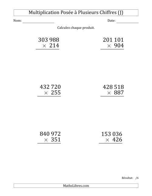 Multiplication d'un Nombre à 6 Chiffres par un Nombre à 3 Chiffres (Gros Caractère) avec une Espace comme Séparateur de Milliers (J)