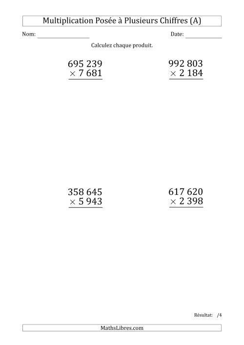 Multiplication d'un Nombre à 6 Chiffres par un Nombre à 4 Chiffres (Gros Caractère) avec une Espace comme Séparateur de Milliers (A)