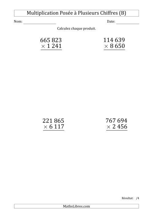 Multiplication d'un Nombre à 6 Chiffres par un Nombre à 4 Chiffres (Gros Caractère) avec une Espace comme Séparateur de Milliers (B)
