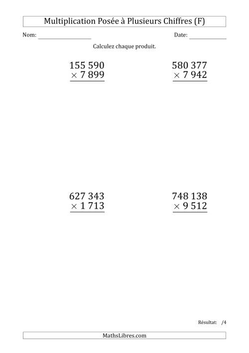 Multiplication d'un Nombre à 6 Chiffres par un Nombre à 4 Chiffres (Gros Caractère) avec une Espace comme Séparateur de Milliers (F)