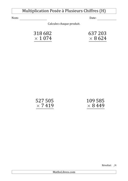 Multiplication d'un Nombre à 6 Chiffres par un Nombre à 4 Chiffres (Gros Caractère) avec une Espace comme Séparateur de Milliers (H)