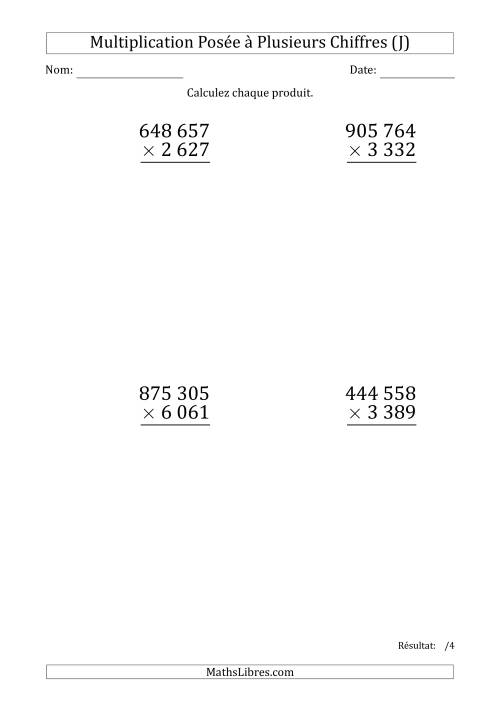 Multiplication d'un Nombre à 6 Chiffres par un Nombre à 4 Chiffres (Gros Caractère) avec une Espace comme Séparateur de Milliers (J)