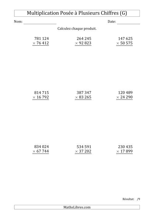 Multiplication d'un Nombre à 6 Chiffres par un Nombre à 5 Chiffres avec une Espace comme Séparateur de Milliers (G)
