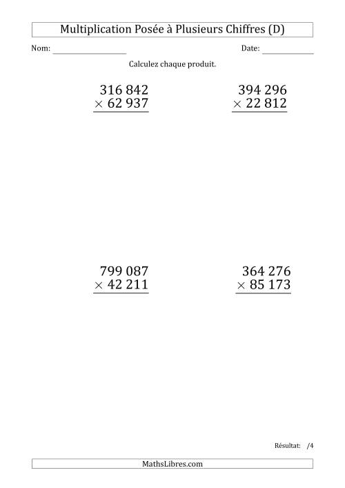 Multiplication d'un Nombre à 6 Chiffres par un Nombre à 5 Chiffres (Gros Caractère) avec une Espace comme Séparateur de Milliers (D)