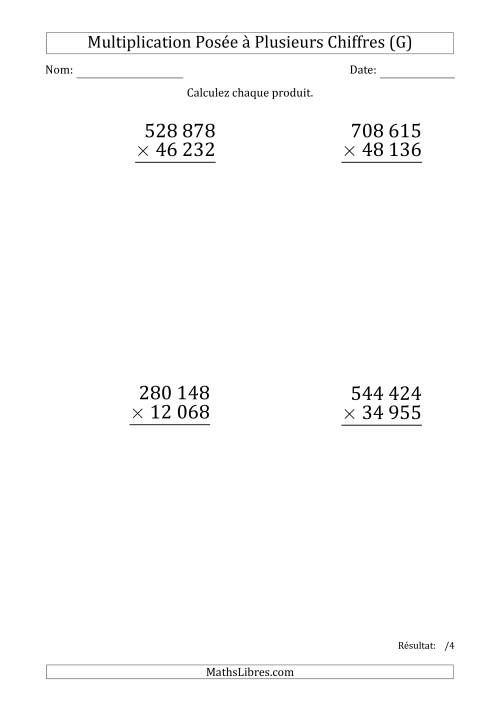 Multiplication d'un Nombre à 6 Chiffres par un Nombre à 5 Chiffres (Gros Caractère) avec une Espace comme Séparateur de Milliers (G)