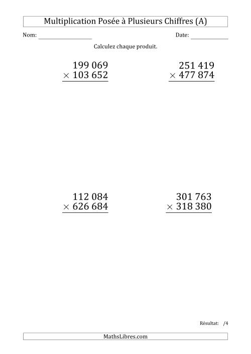 Multiplication d'un Nombre à 6 Chiffres par un Nombre à 6 Chiffres (Gros Caractère) avec une Espace comme Séparateur de Milliers (A)
