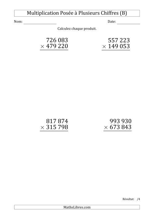 Multiplication d'un Nombre à 6 Chiffres par un Nombre à 6 Chiffres (Gros Caractère) avec une Espace comme Séparateur de Milliers (B)