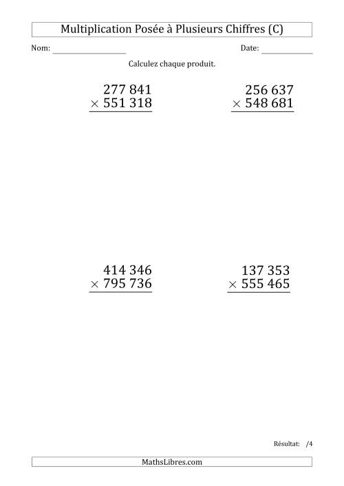 Multiplication d'un Nombre à 6 Chiffres par un Nombre à 6 Chiffres (Gros Caractère) avec une Espace comme Séparateur de Milliers (C)