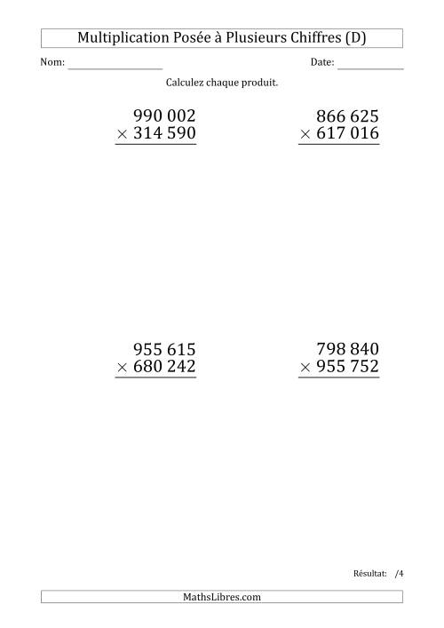 Multiplication d'un Nombre à 6 Chiffres par un Nombre à 6 Chiffres (Gros Caractère) avec une Espace comme Séparateur de Milliers (D)