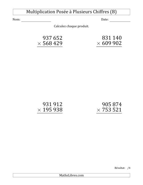 Multiplication d'un Nombre à 6 Chiffres par un Nombre à 6 Chiffres (Gros Caractère) avec une Espace comme Séparateur de Milliers (B)