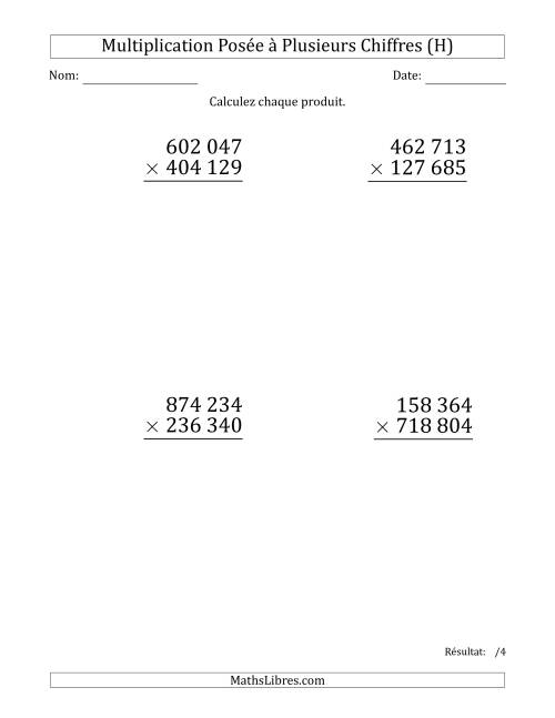 Multiplication d'un Nombre à 6 Chiffres par un Nombre à 6 Chiffres (Gros Caractère) avec une Espace comme Séparateur de Milliers (H)