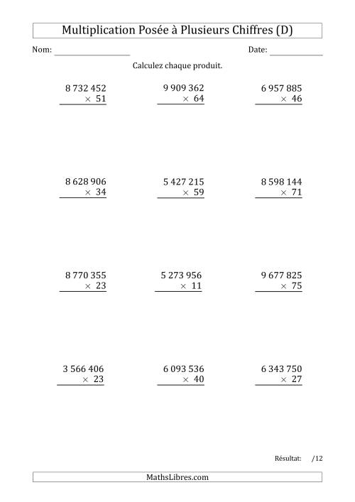 Multiplication d'un Nombre à 7 Chiffres par un Nombre à 2 Chiffres avec une Espace comme Séparateur de Milliers (D)