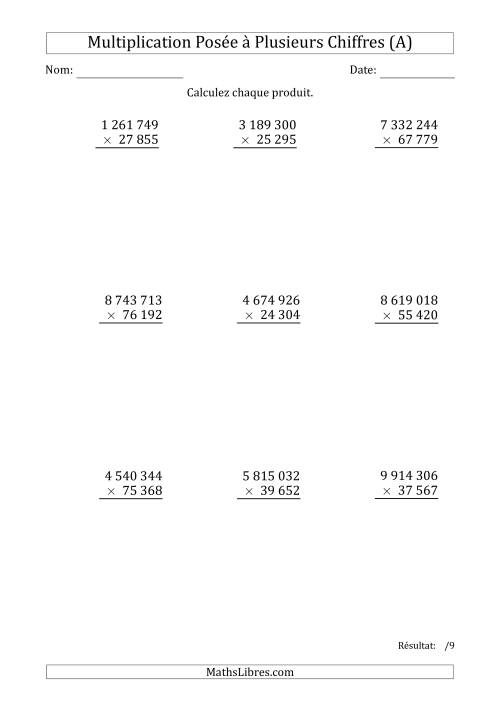 Multiplication d'un Nombre à 7 Chiffres par un Nombre à 5 Chiffres avec une Espace comme Séparateur de Milliers (Tout)