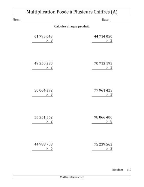 Multiplication d'un Nombre à 8 Chiffres par un Nombre à 1 Chiffre avec une Espace comme Séparateur de Milliers (A)