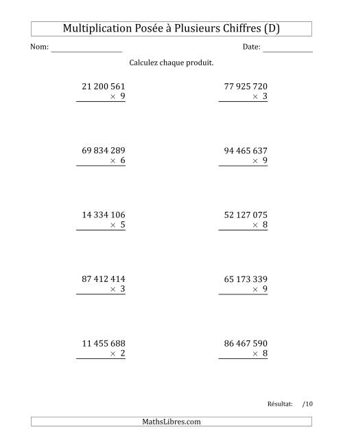 Multiplication d'un Nombre à 8 Chiffres par un Nombre à 1 Chiffre avec une Espace comme Séparateur de Milliers (D)
