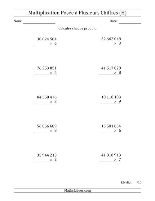 Multiplication d'un Nombre à 8 Chiffres par un Nombre à 1 Chiffre avec une Espace comme Séparateur de Milliers (H)