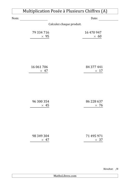 Multiplication d'un Nombre à 8 Chiffres par un Nombre à 2 Chiffres avec une Espace comme Séparateur de Milliers (A)