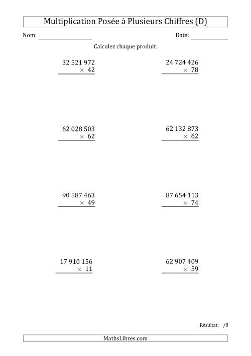 Multiplication d'un Nombre à 8 Chiffres par un Nombre à 2 Chiffres avec une Espace comme Séparateur de Milliers (D)
