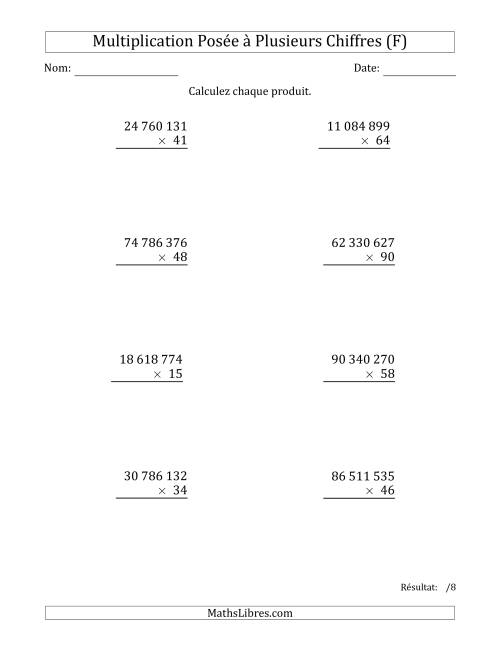 Multiplication d'un Nombre à 8 Chiffres par un Nombre à 2 Chiffres avec une Espace comme Séparateur de Milliers (F)