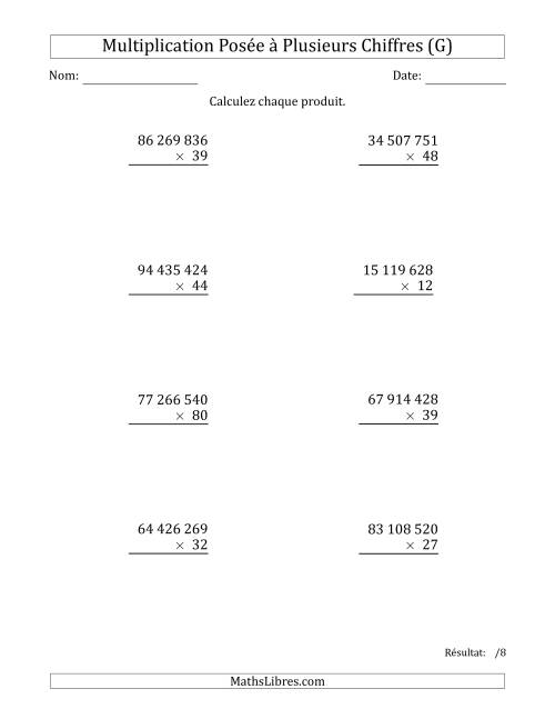Multiplication d'un Nombre à 8 Chiffres par un Nombre à 2 Chiffres avec une Espace comme Séparateur de Milliers (G)