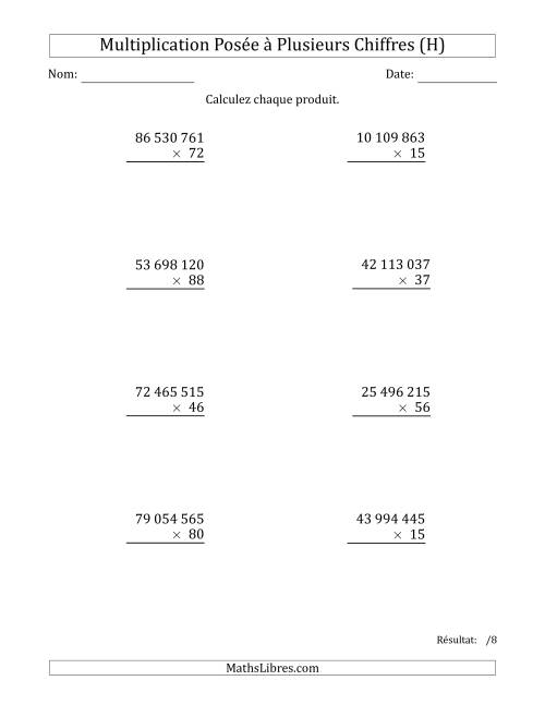 Multiplication d'un Nombre à 8 Chiffres par un Nombre à 2 Chiffres avec une Espace comme Séparateur de Milliers (H)