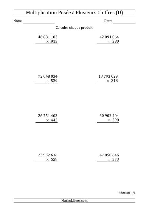 Multiplication d'un Nombre à 8 Chiffres par un Nombre à 3 Chiffres avec une Espace comme Séparateur de Milliers (D)