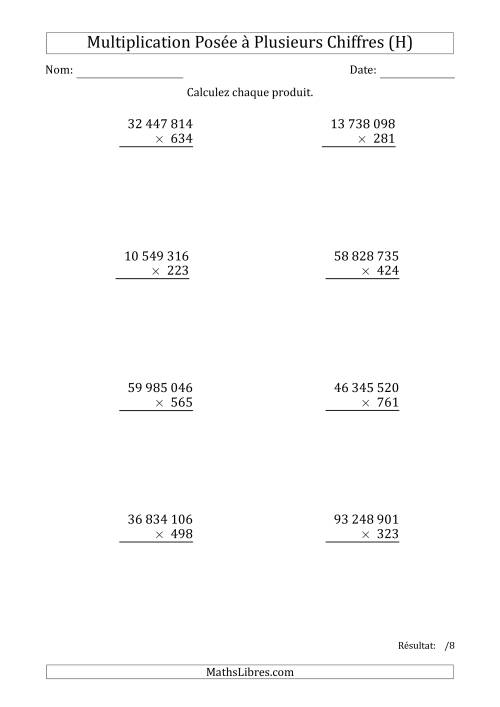 Multiplication d'un Nombre à 8 Chiffres par un Nombre à 3 Chiffres avec une Espace comme Séparateur de Milliers (H)