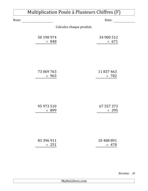 Multiplication d'un Nombre à 8 Chiffres par un Nombre à 3 Chiffres avec une Espace comme Séparateur de Milliers (F)