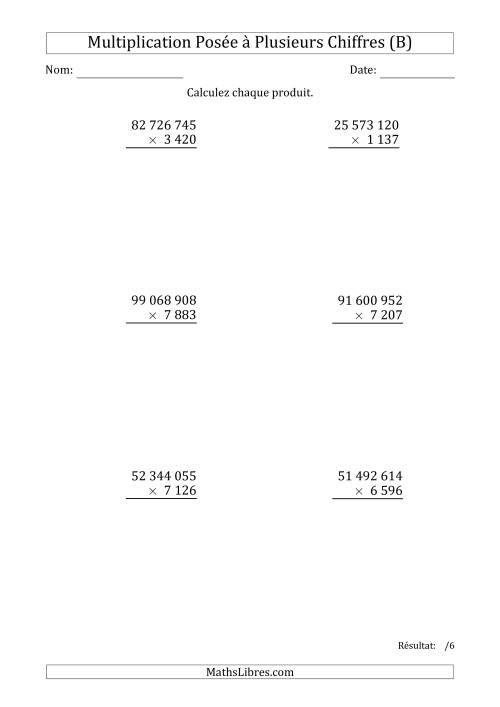 Multiplication d'un Nombre à 8 Chiffres par un Nombre à 4 Chiffres avec une Espace comme Séparateur de Milliers (B)