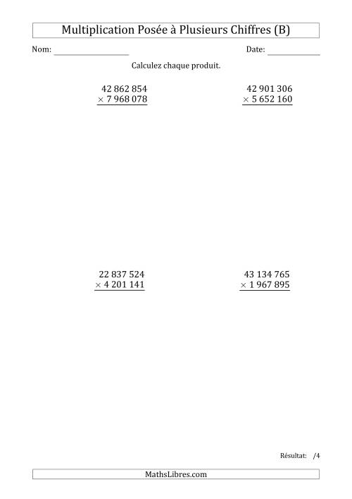 Multiplication d'un Nombre à 8 Chiffres par un Nombre à 7 Chiffres avec une Espace comme Séparateur de Milliers (B)