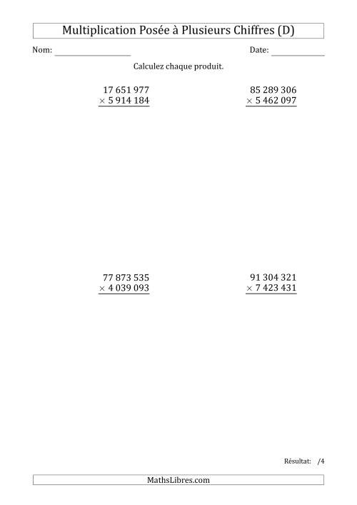 Multiplication d'un Nombre à 8 Chiffres par un Nombre à 7 Chiffres avec une Espace comme Séparateur de Milliers (D)