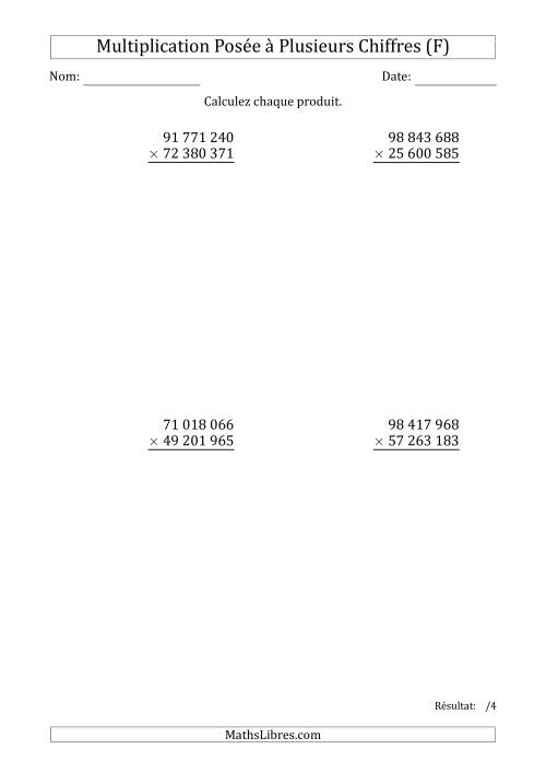 Multiplication d'un Nombre à 8 Chiffres par un Nombre à 8 Chiffres avec une Espace Comme Séparateur des Milliers (F)