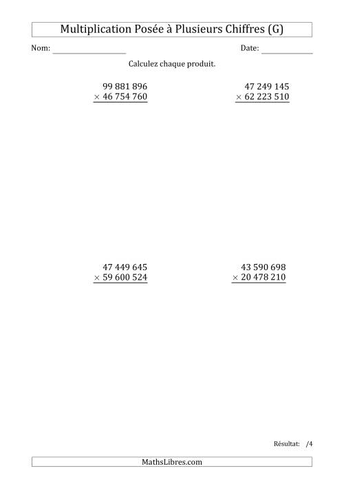 Multiplication d'un Nombre à 8 Chiffres par un Nombre à 8 Chiffres avec une Espace Comme Séparateur des Milliers (G)