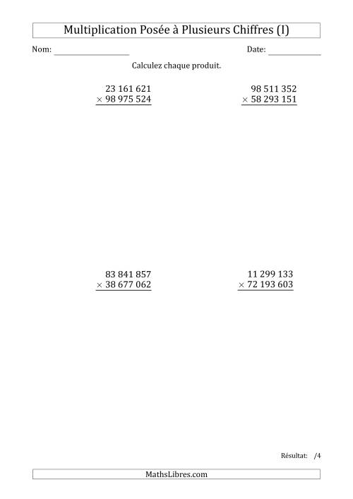Multiplication d'un Nombre à 8 Chiffres par un Nombre à 8 Chiffres avec une Espace Comme Séparateur des Milliers (I)