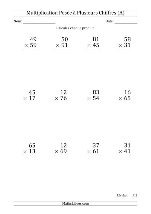 Multiplication d'un Nombre à 2 Chiffres par un Nombre à 2 Chiffres (Gros Caractère) avec un Point comme Séparateur de Milliers (A)