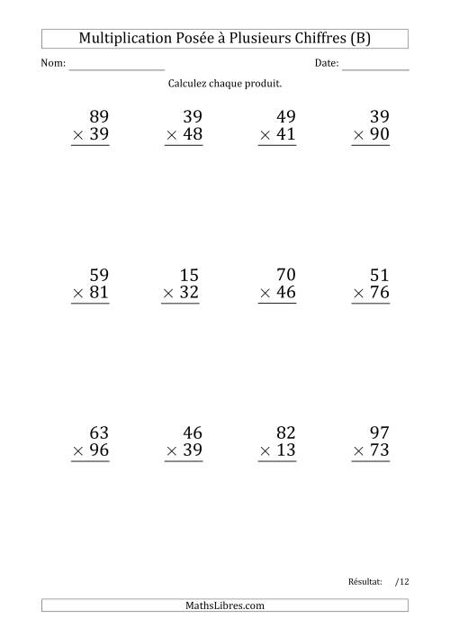 Multiplication d'un Nombre à 2 Chiffres par un Nombre à 2 Chiffres (Gros Caractère) avec un Point comme Séparateur de Milliers (B)