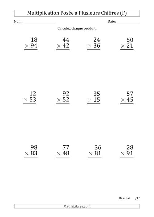 Multiplication d'un Nombre à 2 Chiffres par un Nombre à 2 Chiffres (Gros Caractère) avec un Point comme Séparateur de Milliers (F)
