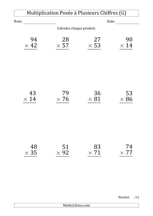 Multiplication d'un Nombre à 2 Chiffres par un Nombre à 2 Chiffres (Gros Caractère) avec un Point comme Séparateur de Milliers (G)
