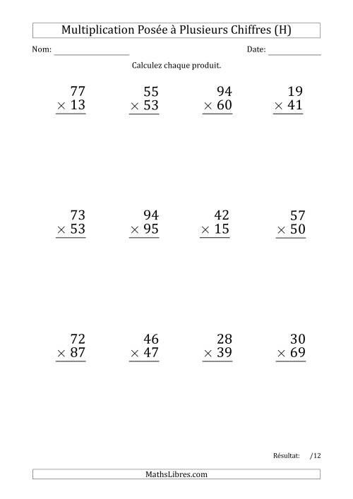 Multiplication d'un Nombre à 2 Chiffres par un Nombre à 2 Chiffres (Gros Caractère) avec un Point comme Séparateur de Milliers (H)