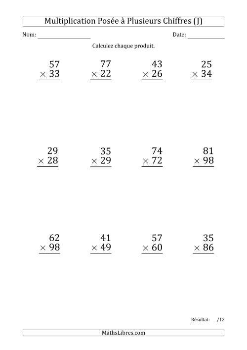 Multiplication d'un Nombre à 2 Chiffres par un Nombre à 2 Chiffres (Gros Caractère) avec un Point comme Séparateur de Milliers (J)