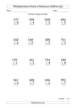Multiplication d'un Nombre à 3 Chiffres par un Nombre à 1 Chiffre (Gros Caractère) avec un Point comme Séparateur de Milliers
