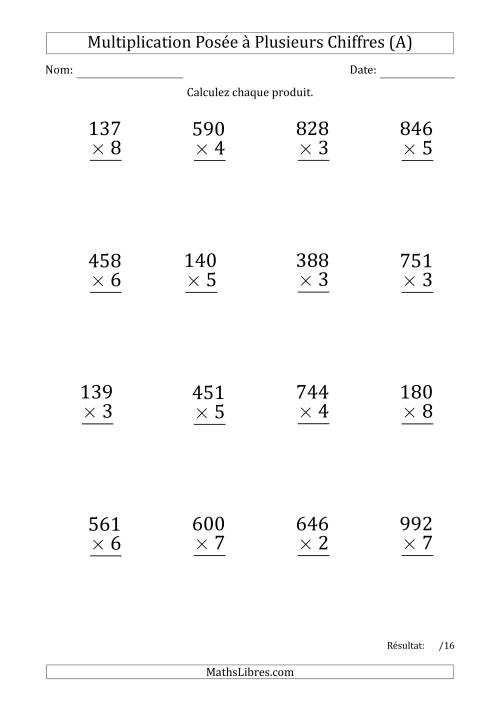 Multiplication d'un Nombre à 3 Chiffres par un Nombre à 1 Chiffre (Gros Caractère) avec un Point comme Séparateur de Milliers (A)
